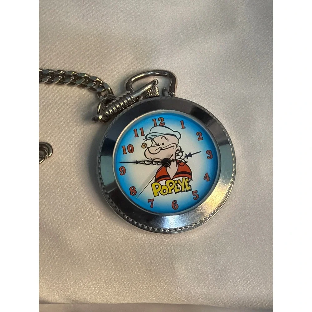 Popeye the Sailor Man Pocket Watch Silver Tone Chain Belt Clip Collectible Ticks